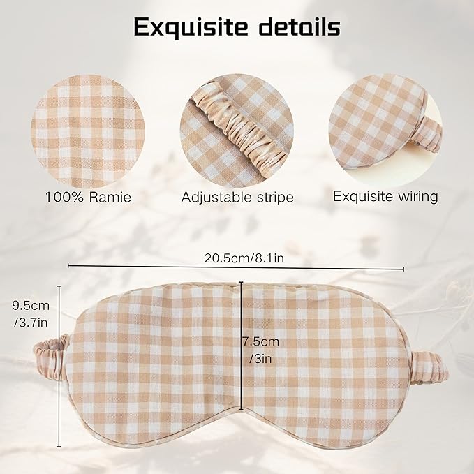 Linen Eye Mask for Girls,Travel Breathable Sleep Mask,Adjustable Strap, Hypoallergenic, Cooling with Travel Bag Gift Package(Gingham)