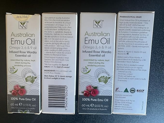 Y-Not Natural Ultra Pure Australian Emu Oil - Luxury Emu Oil 60 mL - Free Range Aboriginal Omega 3, 6 & 9 Infused with Rose Wardia - The Ultimate Moisturizer for Skin, Hair, Nails, and Scalp