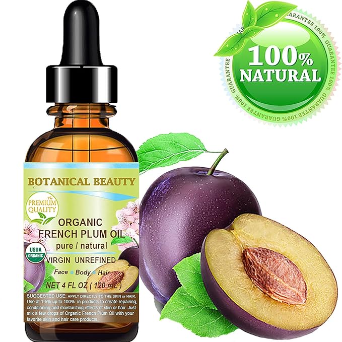 Botanical Beauty Organic French PLUM OIL 100% Pure Natural VIRGIN UNREFINED Cold-Pressed Carrier Oil 4 Fl oz 120 ml for Face, Skin, Body, Hair, Lip, Nails. Rich in Vitamin E, Omega 6, Omega 9