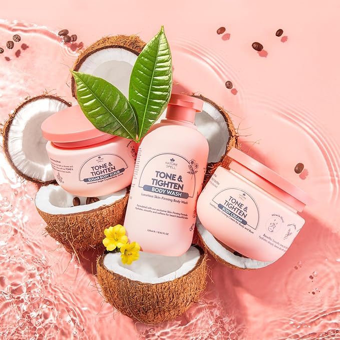 Nature Spell Tone & Tighten Skin Firming Gift Set – Body Wash, Sugar Body Scrub, & Body Cream - Skin-Firming Trio Infused with Hyaluronic Acid, Ginseng Extract & Plant Collagen