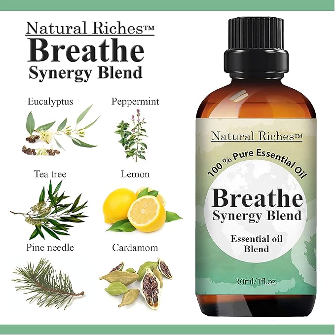 Natural Riches Breathe Essential Oil Blend Breathe Easy with Peppermint Eucalyptus Tea Tree Lemon Cardamom Pine Needle Essential Oils - 30 ml