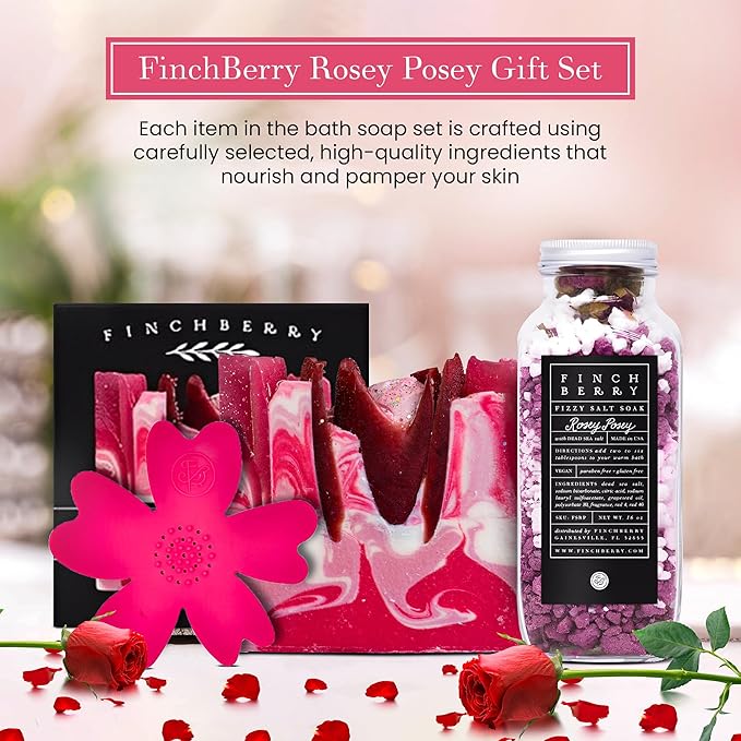 FinchBerry Rosey Posey Gift Set - Ideal Gifts Romantic Occasions, Anniversaries, Birthdays, Womenโs Day, Housewarming, or Get Well Soon - Spa Gift Set With Handmade Soap, Fizzy Salt Soak & Soap Dish