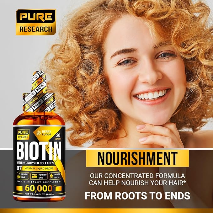 PURE RESEARCH Liquid Biotin & Collagen Hair Growth Drops 60,000mcg - Biotin and Liquid Collagen Supplement for Men & Women - Glowing Skin Support, Healthy Hair & Nail Growth - 2oz
