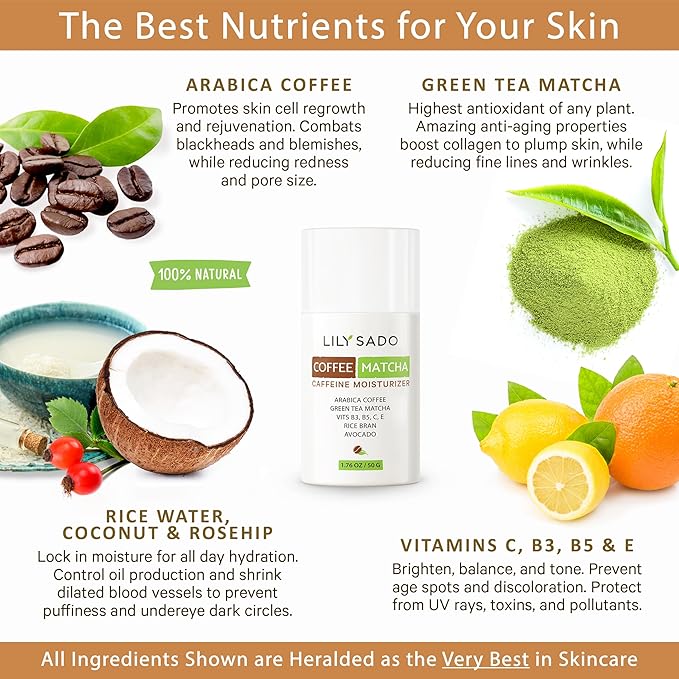 LILY SADO TEA+Cโข Coffee & Matcha Face Moisturizer - Natural Vegan Caffeine Facial Cream w Green Tea & Arabica Coffee Beans - Best Antioxidant, Anti-Wrinkle Moisturizing Lotion - Softens & Firms