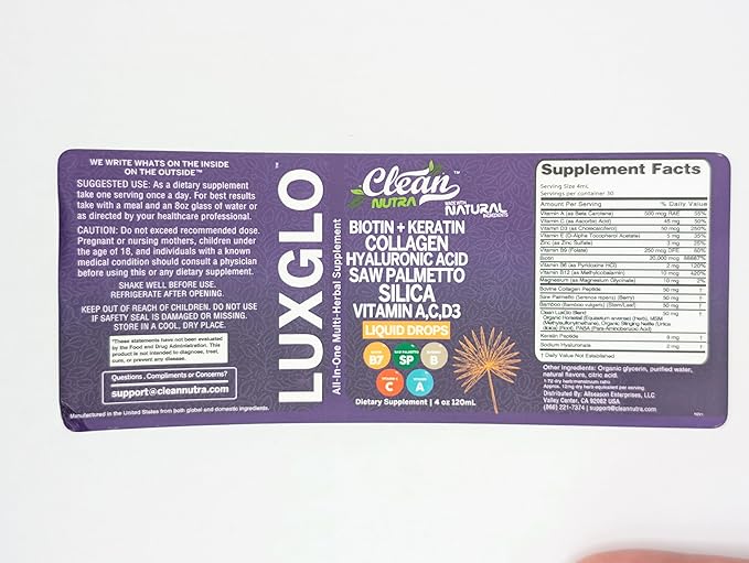 Biotin Liquid Drops Collagen Keratin Hyaluronic Acid Saw Palmetto for Hair Skin and Nails Silica Vitamin A C Vitamin D Bamboo Turmeric Zinc Folate Magnesium Horsetail LuxGlo by Clean Nutra - 5Pack