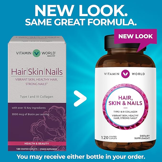 Vitamin World Hair, Skin and Nails Formula 120 caplets, Biotin B-7 Vitamin, Healthy Hair, Skin, Nails, Type I and III Collagen, Coated, Gluten Free
