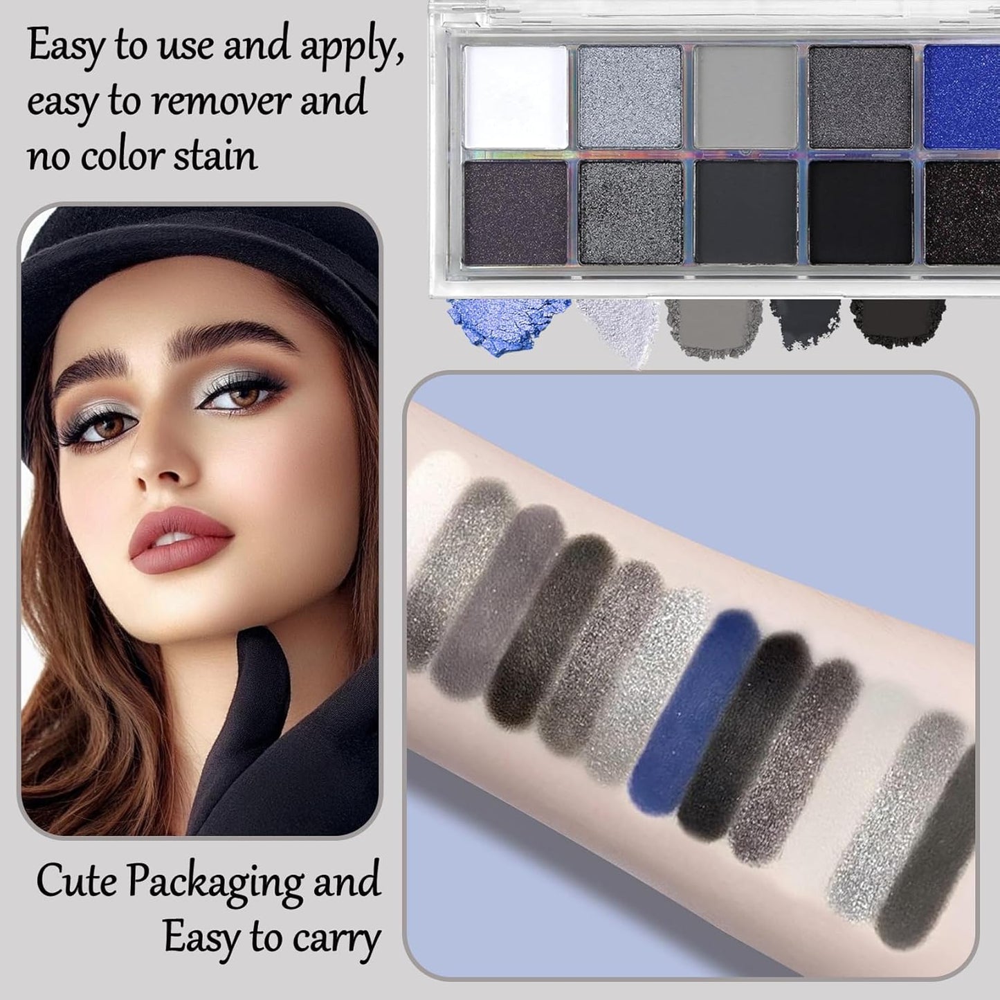 Black Grey Smoky Eyeshadow Palette,15 Colors Matte Shimmer Pigmented Eye Shadow Makeup Palette Set with 3 Eyeshadow Brushes,Glitter Eyeshadow Makeup Palette for Daily Halloween Goth Makeup(E)