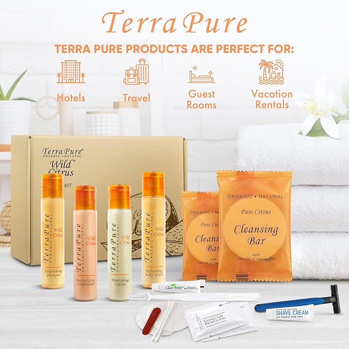 Terra Pure Amenity & Accessory Kit |1 oz Travel Size Shampoo, Conditioner, Lotion, Body Wash, 2 Cleansing Bars, Shave & Dental Sets, Make-Up Remover Wipes, & Vanity Kit | 15 sets per case