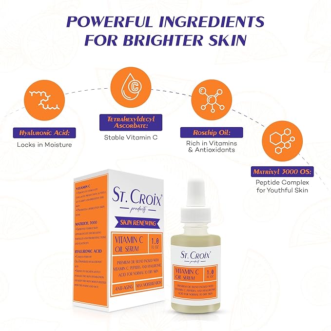 Vitamin C Brightening Facial Oil for Aging and Dry Skin with Matrixyl 3000 & Hyaluronic Acid