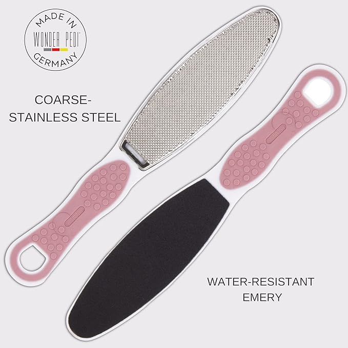 Made in Germany Double Sided Foot File Callus Remover, Stainless Steel and Emery Sides Feet Scrubber, Professional Pedicure Foot Care Tool Rasp, Long Lasting Foot Buffer, Heel Scraper, Wonder Pedi