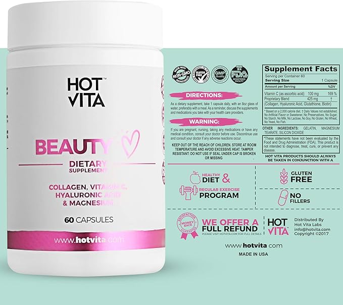 Hot Vita Beauty Supplement Pills – Anti-Aging Supplement Treatment for Hair Loss, Skin, and Nails with Collagen, Biotin, Magnesium, Vitamin C and Hyaluronic Acid