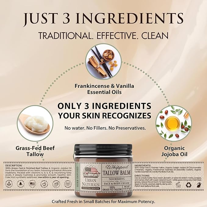 Urban Naturals Handmade Whipped Tallow Balm (Unscented/Herb-Infused) - 100% Grass-fed Organic Body Butter with Infused Jojoba Oil, for Eczema, Rosacea, Baby - 2 oz
