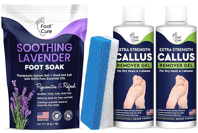 Soothing Lavender Foot Soak with Epsom Salt - Best Toenail Treatment, & Softens Calluses - Soothes Sore & Tired Feet, Callus Remover for Feet with Extra Strength Gel & Foot Pumice Stone Set