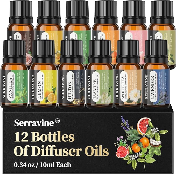 Natural Essential Oils Set, 12 Best Aromatherapy Diffuser Oils with Gift Box & Bag, Essential Oil for Diffusers for Home, Lavender,Lemon,Orange,Vanilla,Jasmine,Rose, Peppermint, White Tea, Freesia