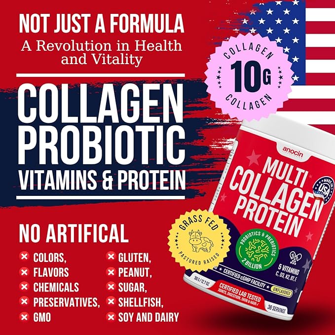 Multi Collagen Peptides with Probiotics + Type I, II, III, V, X + Hydrolyzed Collagen Powder with Vitamin C+D3+B7+K2+E Hyaluronic Acid, Supports Skin Hair Nail & Joint, Grass-Fed, Non-GMO (2)