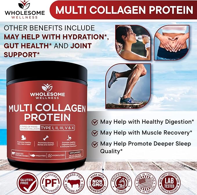 Wholesome Wellness Multi Collagen Protein Powder Hydrolyzed (Type I II III V X) Grass-Fed All-in-One Super Bone Broth + Peptides - Premium Blend of Beef, Chicken, Wild Fish, Eggshell, 58 Servings
