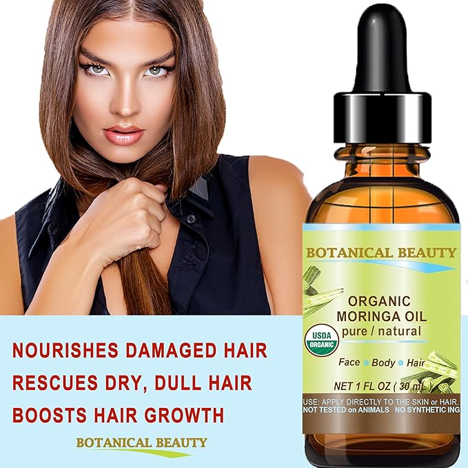 Botanical Beauty Organic Moringa Oil 100% Pure Natural Undiluted 1 Fl.oz.- 30 ml. for Face Skin, Hair, Lips, Body, Nails Rich in Vitamin C, Vitamin E