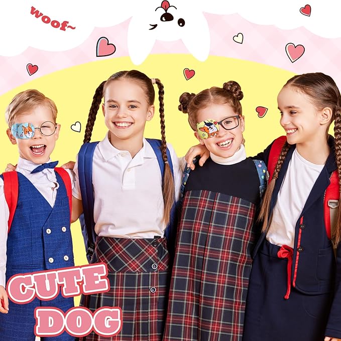 Newcotte 12 Pcs Eye Patch for Kids Toddler Reusable Adjustable Girls Boys Eyepatch for Glasses Left or Right Eye Patch, Assorted Patterns (Corgi Dog)