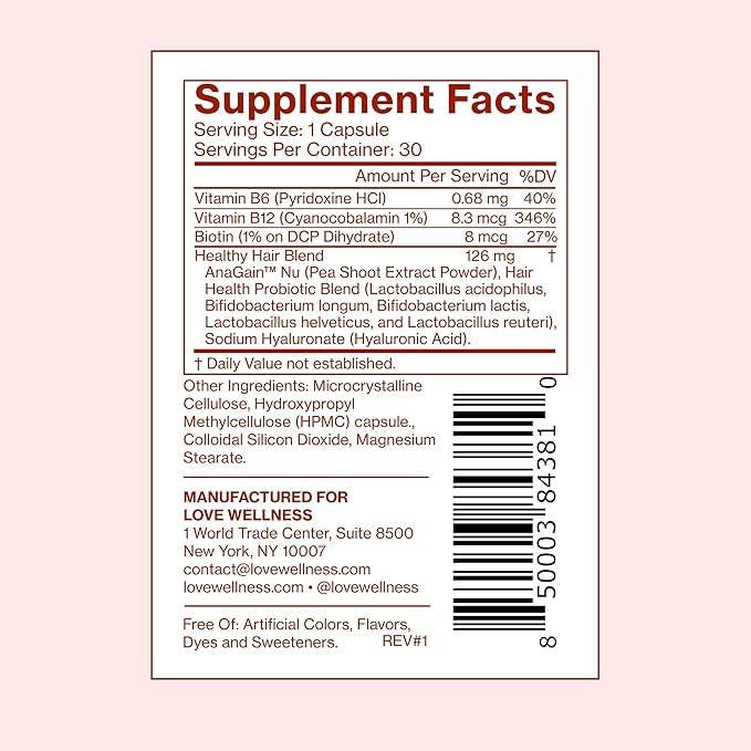 Love Wellness Healthy Hair Probiotics | Support Hair Growth with Biotin and Vitamin B12 & B6 | Supplement for Healthy Scalp & Thicker, Fuller Looking Hair | Safe & Effective | 30 Capsules