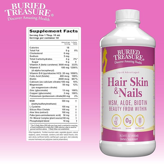 Buried Treasure Hair, Skin and Nails with MSM Biotin Aloe Vera plus Vitamins and Minerals in a High Potency Liquid Whole Food Complex for Fuller Hair, Stronger Nails and Clearer Skin 16 oz