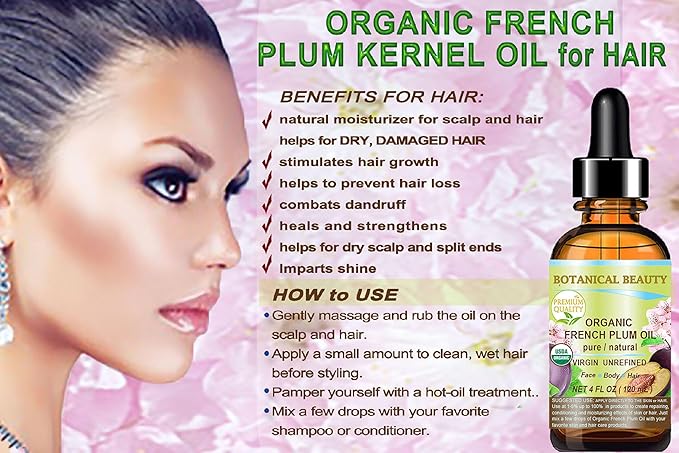 Botanical Beauty Organic French PLUM OIL 100% Pure Natural VIRGIN UNREFINED Cold-Pressed Carrier Oil 2 Fl oz 60 ml for Face, Skin, Body, Hair, Lip, Nails. Rich in Vitamin E, Omega 6, Omega 9