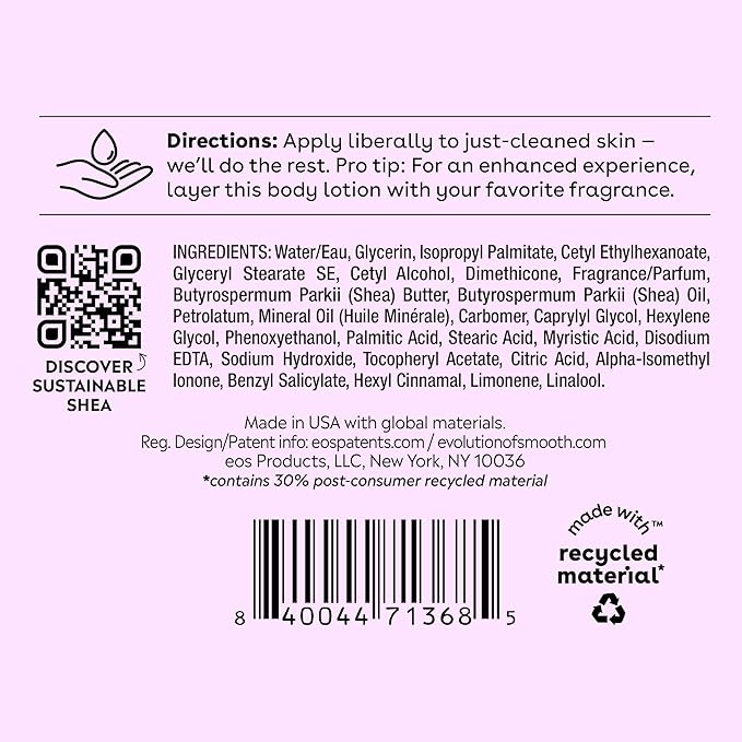 eos Shea Better Body Lotion- Fresh & Cozy, 24-Hour Moisture Skin Care, Lightweight & Non-Greasy, Made with Natural Shea, Vegan, 16 Fl Oz (Pack of 1)