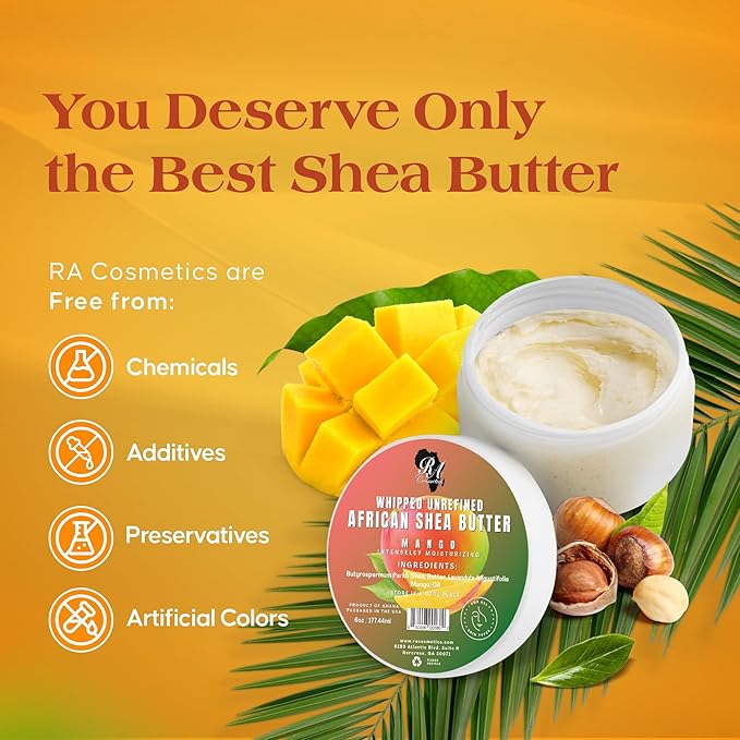 RA COSMETICS Whipped Shea Butter Mango - 6oz | 100% Pure and Natural African Shea Butter for Men & Women - Ultimate Handcrafted Moisturizer with Essential Vitamins for Radiant Skin & Luscious Hair