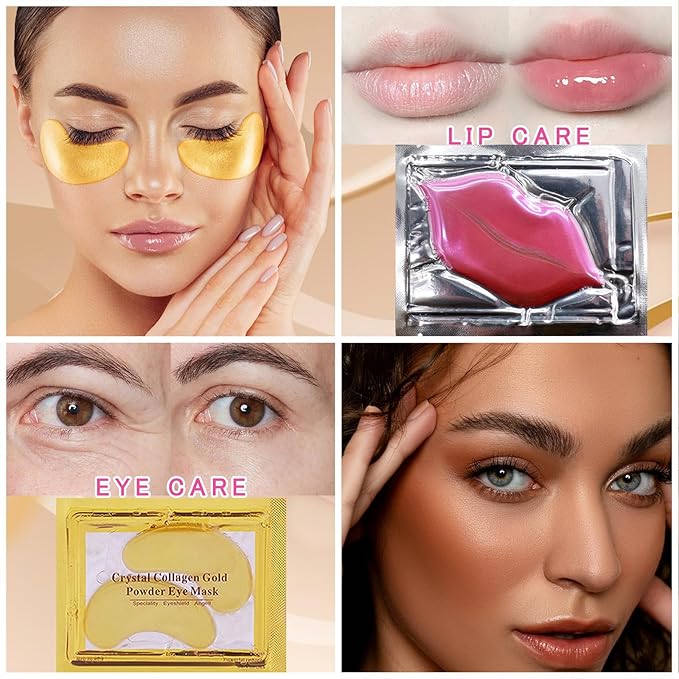 40 Pairs Eye Mask & Lip Mask, Moisturizing Lip Masks, 24K Gold Gel Crystal Collagen Under Eye Patches for Dark Circles, Wrinkles, Eye Bags and Fine Lines