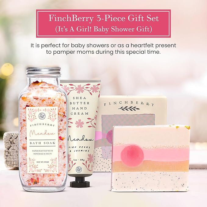 FinchBerry 3-Piece Gift Set - Itโs A Girl! Baby Shower Gift, New Mom Care Package, First-Time Mom Gifts, Baby Girl Gift โ Includes Handmade Shea Butter Soap(4.5oz), Bath Soak (20oz) & Hand Cream (1oz)