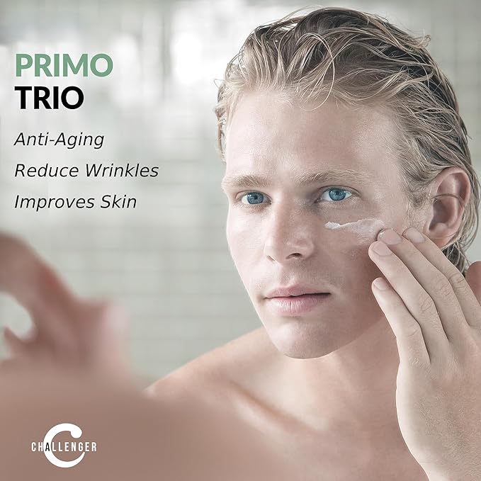 Challenger Men's Primo Anti-Aging Trio - Face Serum, Moisturizer, & Eye Cream - Plant Stem Cells, Matrixyl 300, Vitamin C, Hyaluronic Acid