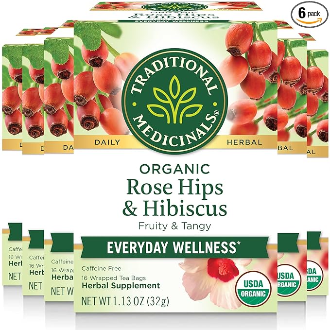 Traditional Medicinals Tea, Organic Rose Hips & Hibiscus, Supports Everyday Wellness, 96 Tea Bags (6 Pack)