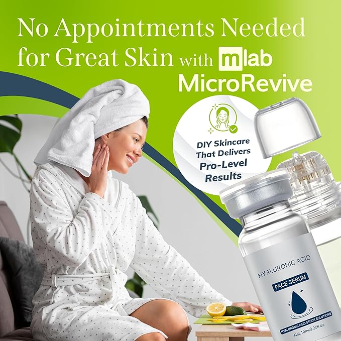 Microrevive Titanium Micro Infusion Facial System - Home Microneedling Kit with Collagen-Stimulating Derma Stamp & Premium Hyaluronic Acid Serum - Set Includes 1 Serum, 1 Applicator & 1 Dropper