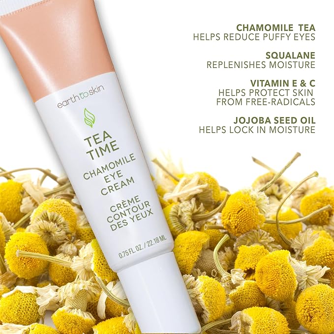 Earth To Skin Tea Time Chamomile Eye Cream – Hydrating & Soothing Eye Treatment with Vitamin E, Vitamin C & Jojoba Oil – 0.75 fl oz
