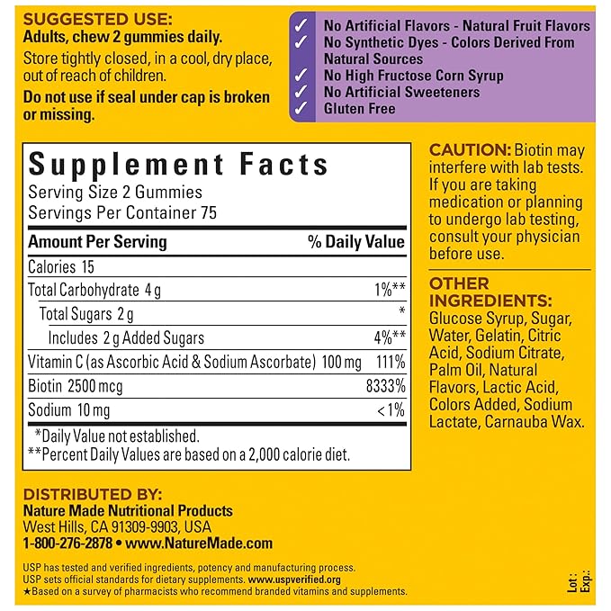 Nature Made Hair Skin and Nails with Biotin 2500 mcg, Dietary Supplement for Healthy Hair, Skin & Nails Support, 150 Gummies, 75 Day Supply
