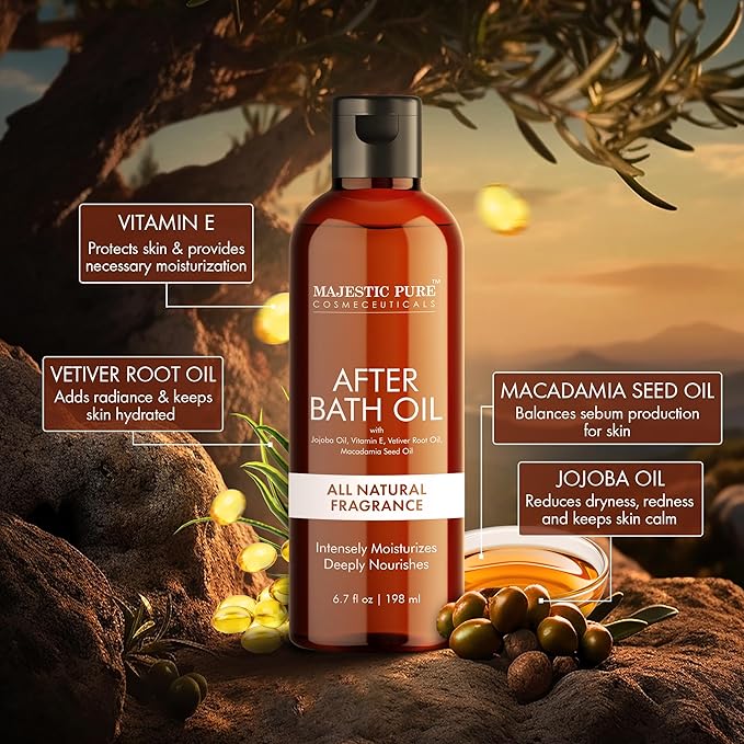 Majestic Pure After Bath Oil - 100% Pure & Natural | Repair Dry, Damaged Skin | Moisturizing Skin, Hair and Scalp | Infused with Jojoba Oil & Vitamin E | 6.7 Fl Oz