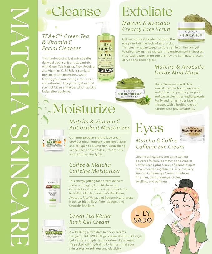 LILY SADO TEA+Cโข Coffee & Matcha Face Moisturizer - Natural Vegan Caffeine Facial Cream w Green Tea & Arabica Coffee Beans - Best Antioxidant, Anti-Wrinkle Moisturizing Lotion - Softens & Firms