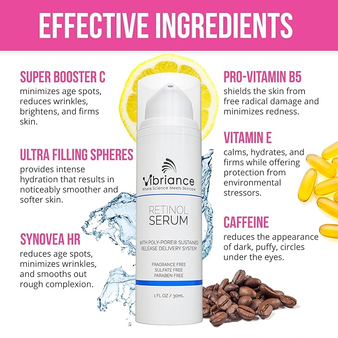 Vibriance Retinol Serum for Face - Reduces Appearance of Deep Wrinkles and Large Pores, Enhances Tone, Improves Complexion - Sensitive, Mature Skin Night Cream - 1 fl oz
