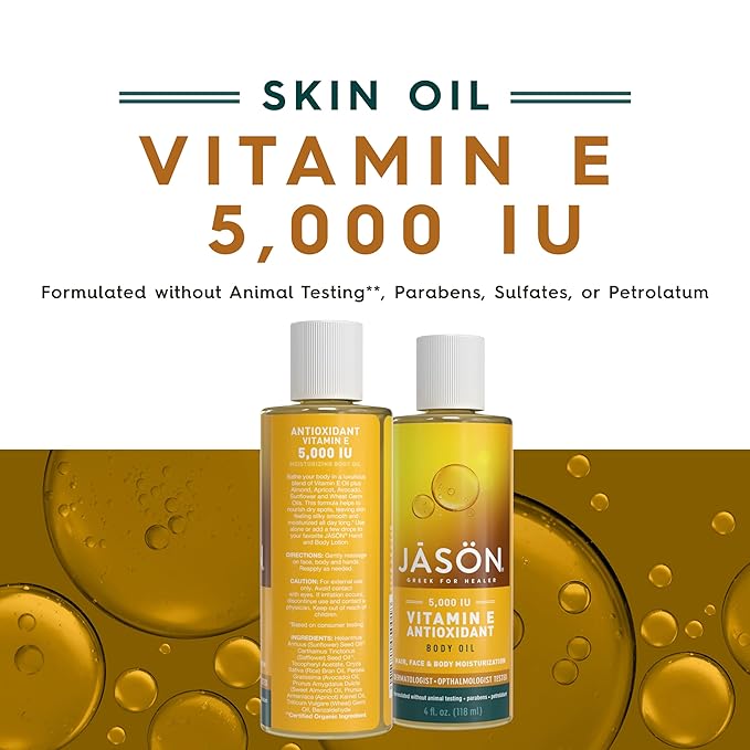 JASON Vitamin E 5,000 IU Moisturizing Body Oil, For Hair, Face, and Body, 4 Fluid Ounces