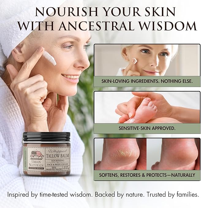 Urban Naturals Handmade Whipped Tallow Balm (Unscented/Herb-Infused) - 100% Grass-fed Organic Body Butter with Infused Jojoba Oil, for Eczema, Rosacea, Baby - 2 oz