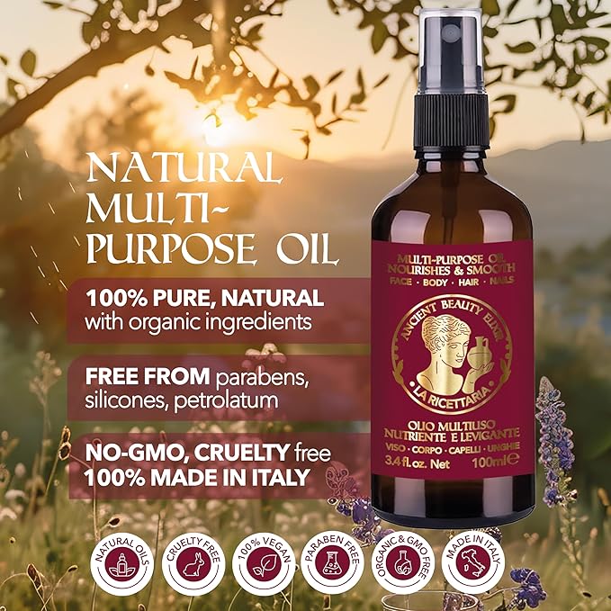 Natural Multipurpose Oil, Hydrating After-Shower Oil & Face Moisturizer, Nail Care with Apricot, Sweet Almond, Olive, and Vitamin E Oils, Skincare for Dry Skin