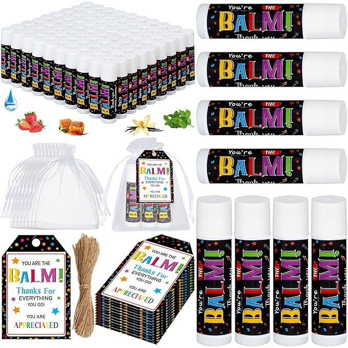 100 Pack Teacher Volunteers Appreciation Gifts Bulk Lip Balms Employee Staff Team Thank You Gifts Nurse Pastor Appreciation Favors You're the Balm for Women Men Coworkers Homeless