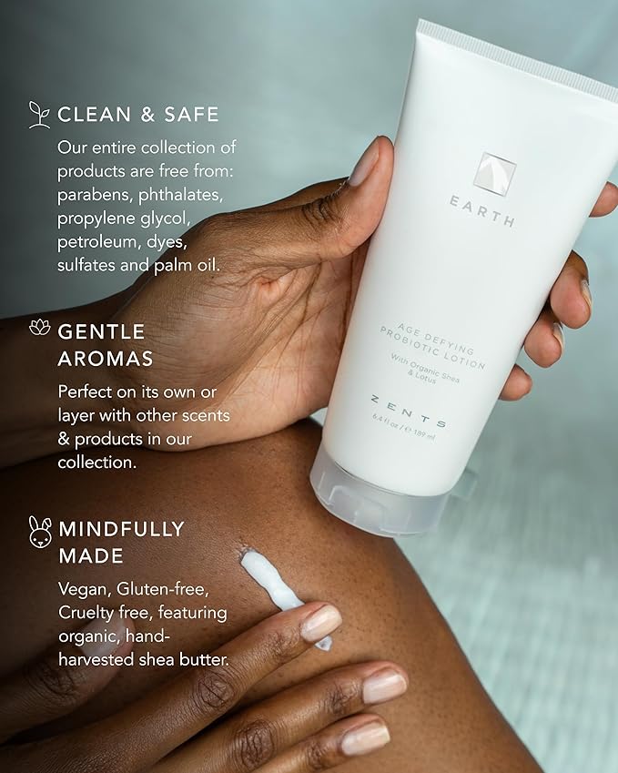 Zents Age-Defying Probiotic Body & Hand Lotion (Earth) | Moisturizing Lotion with Hyaluronic Acid & Organic Shea Butter | Nourishes & Hydrates Skin | 6.4 fl oz