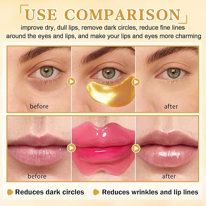 CAHIUYOA 30PCS Lip Mask and Under Eye Masks Set,Pink Lip Masks for Dry Lips 24K Gold Eye Patches for Puffy Eyes,Effective Moisturizing Skin Care