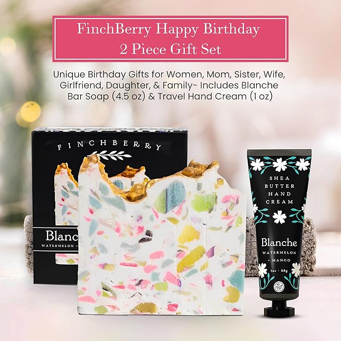 FinchBerry Happy Birthday 2 Piece Gift Set - Unique Birthday Gifts for Women: Mom, Sister, Wife, Girlfriend, Daughter, Friends & Family- Includes Blanche Bar Soap (4.5 oz) & Travel Hand Cream (1 oz)