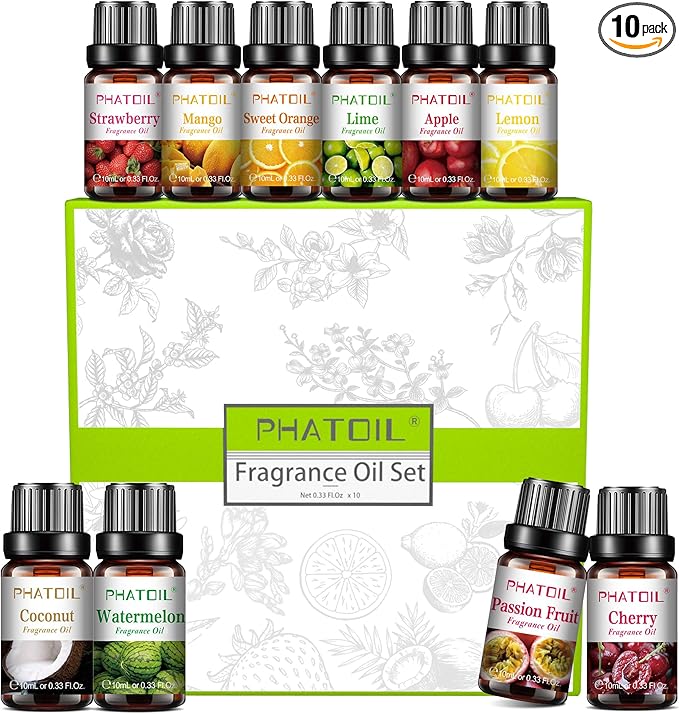 10Pcs Fruity Fragrance Oil Set, Coconut, Cherry, Apple, Strawberry, Mango Candle Scents for Candle Making, Freshie Scents for DIY Soap Making, Diffuser Oil Scents Set