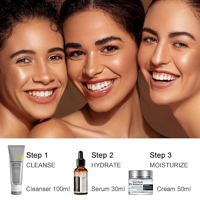 Travel Size Korean Skincare Set, Korean Skin Care Set with Vitamin C Facial Serum, Snail Mucin 92% Moisturizer, Amino Acid White Mud Cleanser, Facial Kit for Women/Teen Hydrating & Plump Skin - 3Pcs