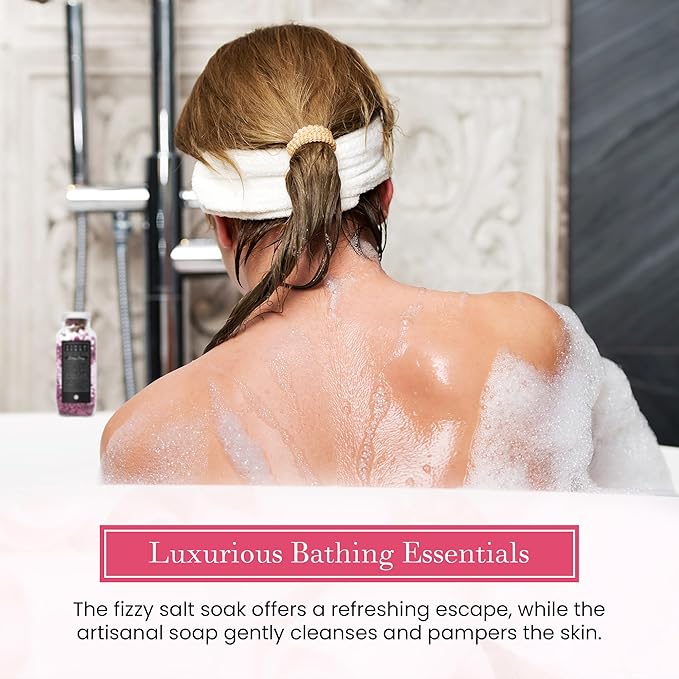 FinchBerry Rosey Posey Gift Set - Ideal Gifts Romantic Occasions, Anniversaries, Birthdays, Womenโs Day, Housewarming, or Get Well Soon - Spa Gift Set With Handmade Soap, Fizzy Salt Soak & Soap Dish