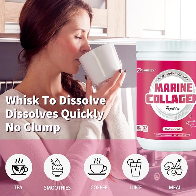 Zammex Marine Collagen Peptides, Non-GMO Wild Caught Fish Collagen Peptide,Unflavored Hydrolyzed Peptides (Type 1 & 3) for Skin, Hair, Joints & Bones,Easy to Mix, 32 Servings