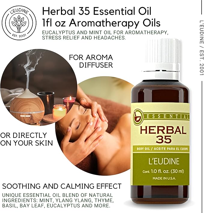 L'eudine Herbal 35 Essential Oil, Soothing and Calming Eucalyptus Essential Oil, Powerful Blend of up 35 Essential Oils for Aromatherapy & Wellness Support - 1fl oz