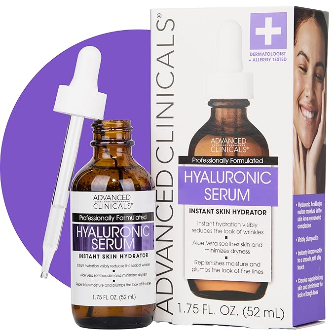 Advanced Clinicals Hyaluronic Acid Serum For Face | Moisturizing Facial Skin Care Products | Hydrating Serum For Face Helps Improve Look Of Wrinkles, Fine Lines, & Uneven Dry Skin Texture, 1.75 Fl Oz